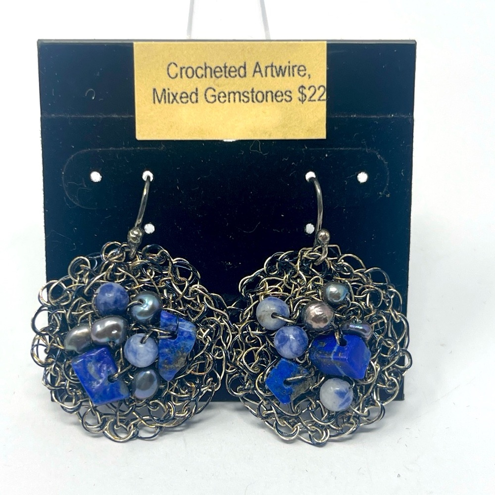 Earrings Crocheted Artwire With Mixed Gemstones